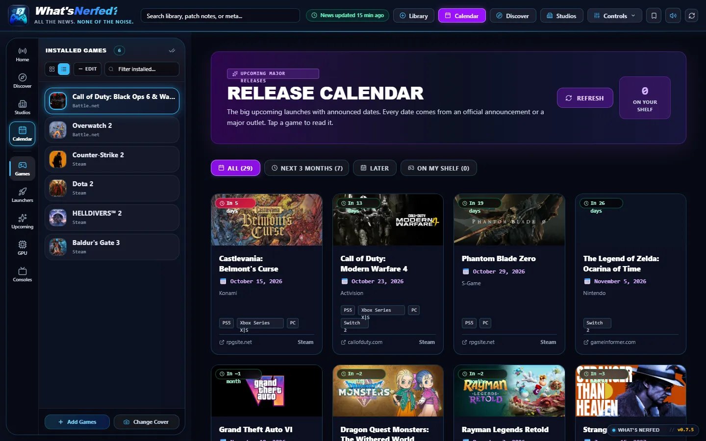 Release calendar screenshot